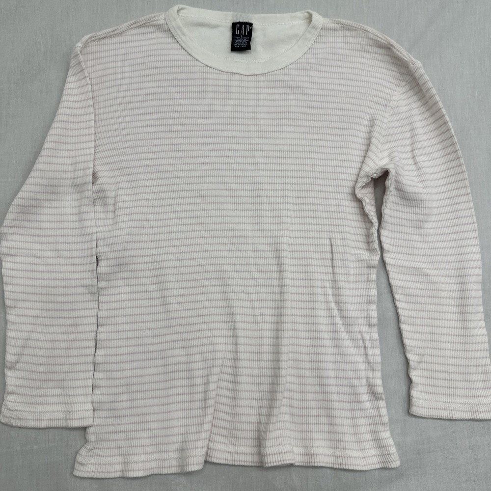 VTG Gap Women's Pullover Cotton Striped Sweater Size L Ivory/Pink Stretch Ribbed